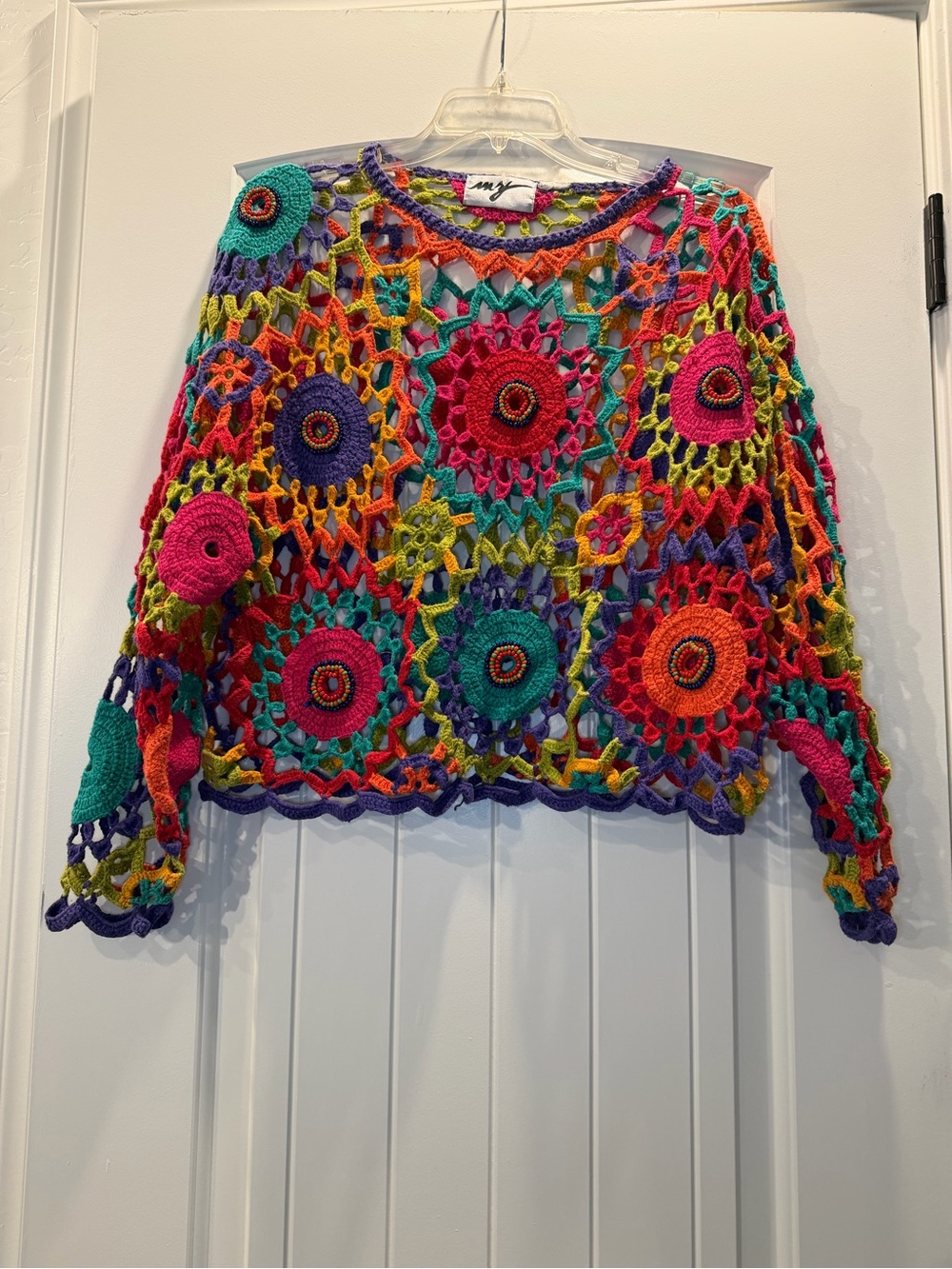 Vintage MJY Open-Weave Crochet Beaded Statement Sweater - One Size